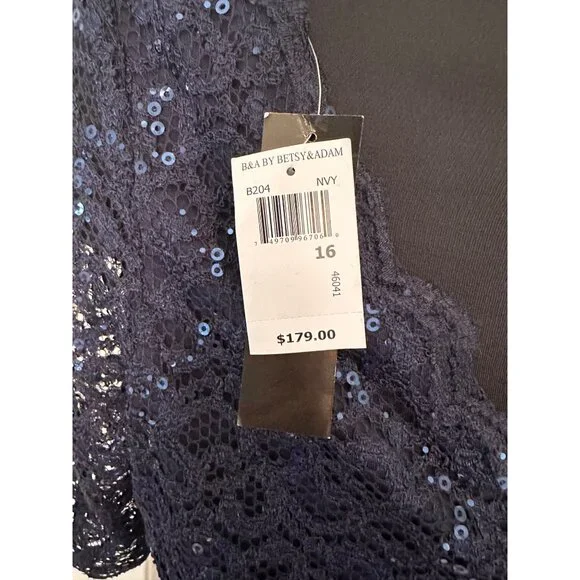Betsy & Adams 16 Navy Blue Sequin Lace Bodice Gown Ruched Skirt & Beaded Detail - Picture 8 of 11